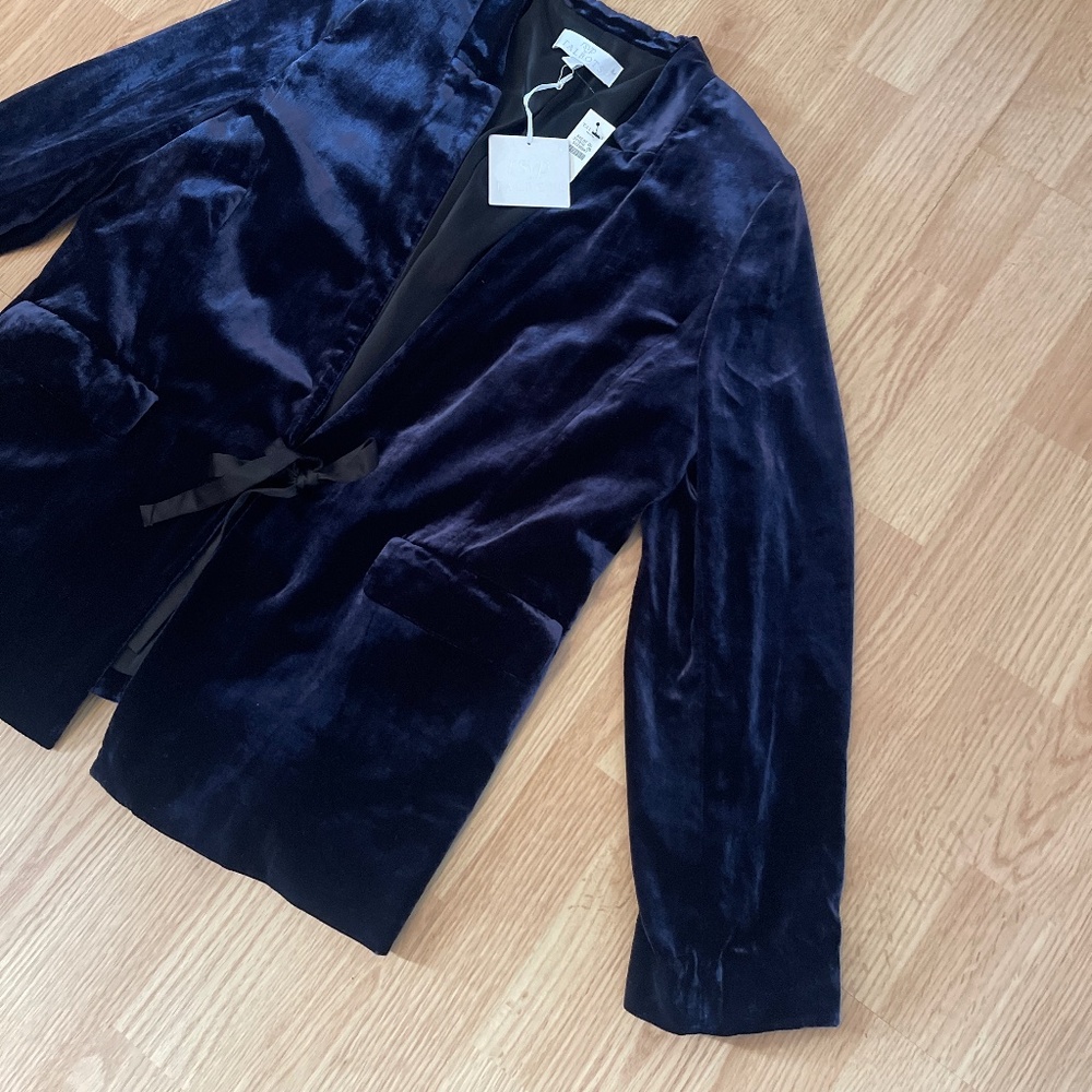 NWT RSVP Talbots Indigo Blue Velvet V Neck Front Tie Blazer Jacket Size 14P - Picture 3 of 9